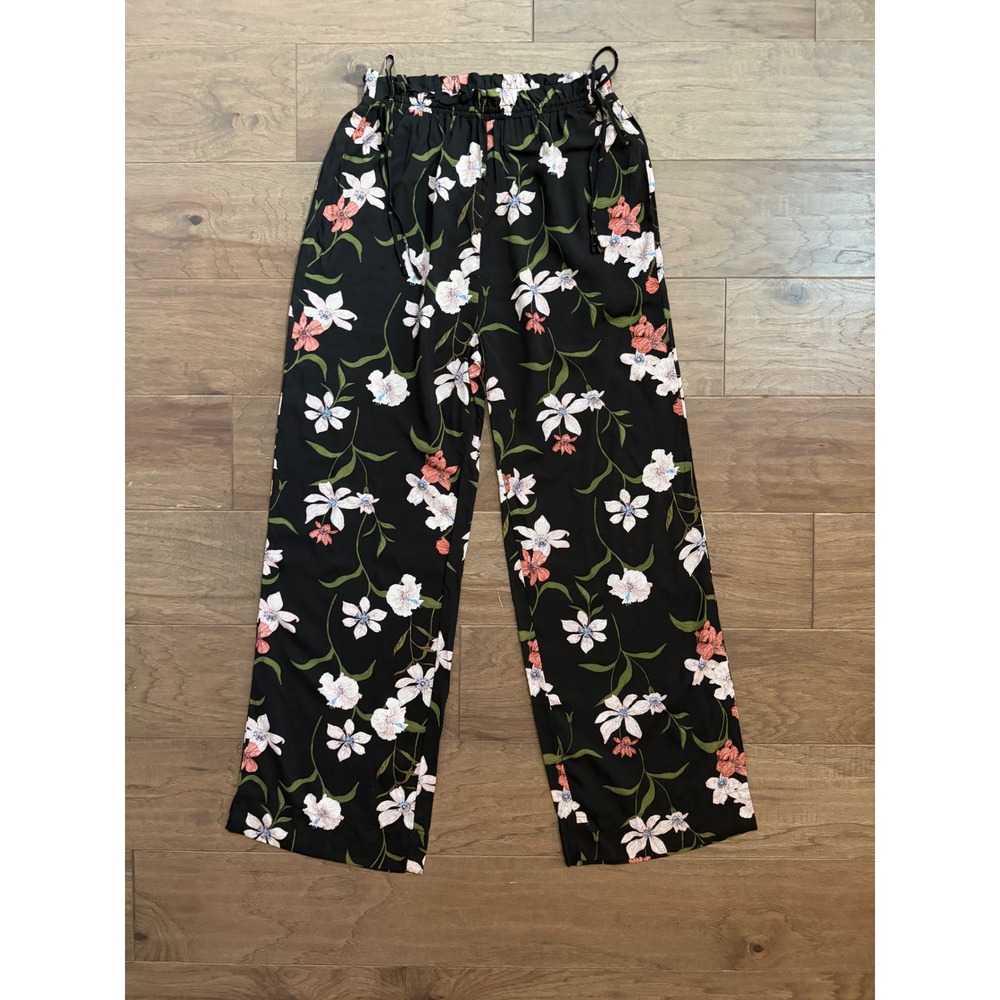 Shade & Shore Floral Wide Leg Pants Womens S Black Rayon Relaxed Boho Beach